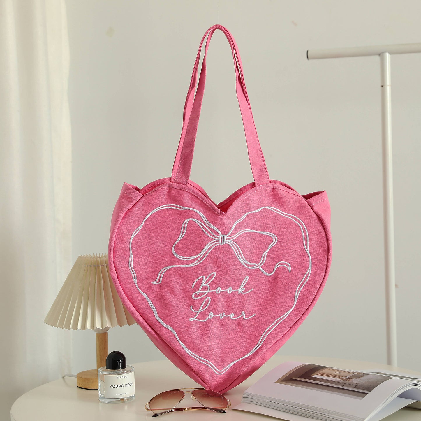 Pink "Book Lover" Heart Tote Bag