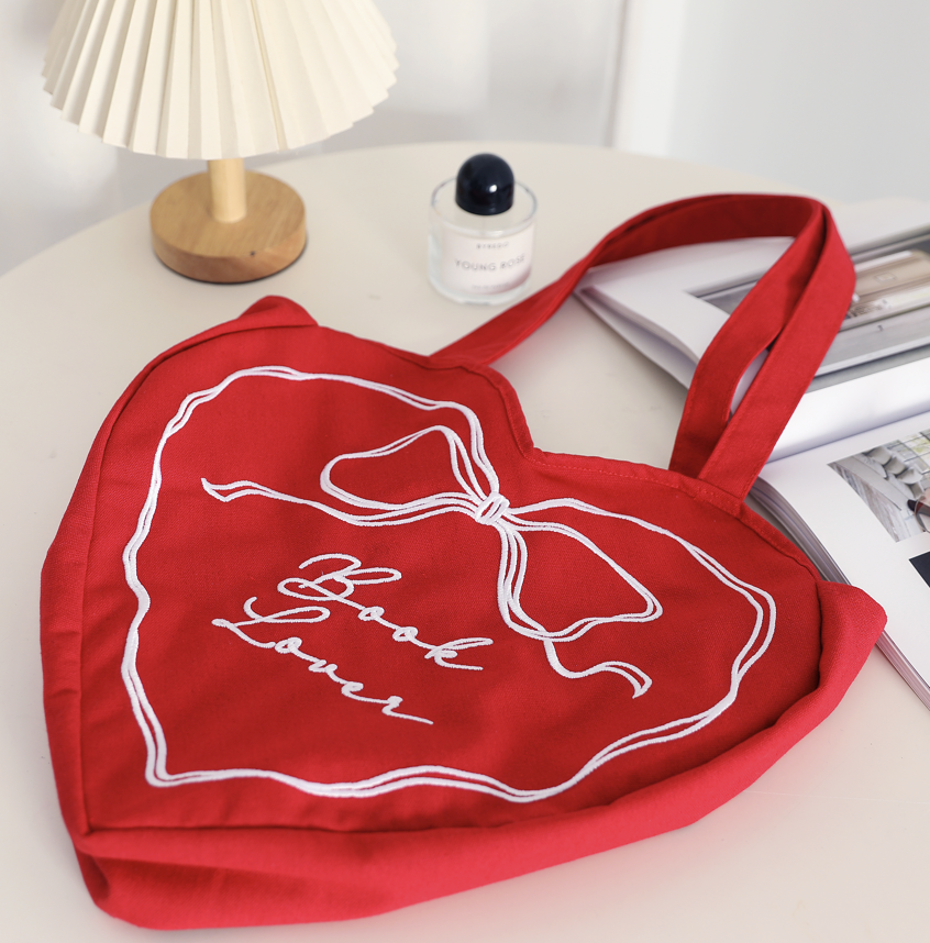Red "Book Lover" Heart Tote Bag