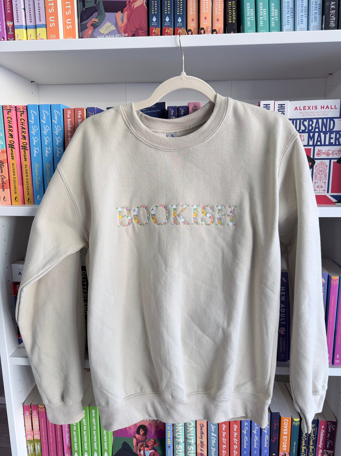 Beige "Bookish" Embroidered Crewneck Sweatshirt