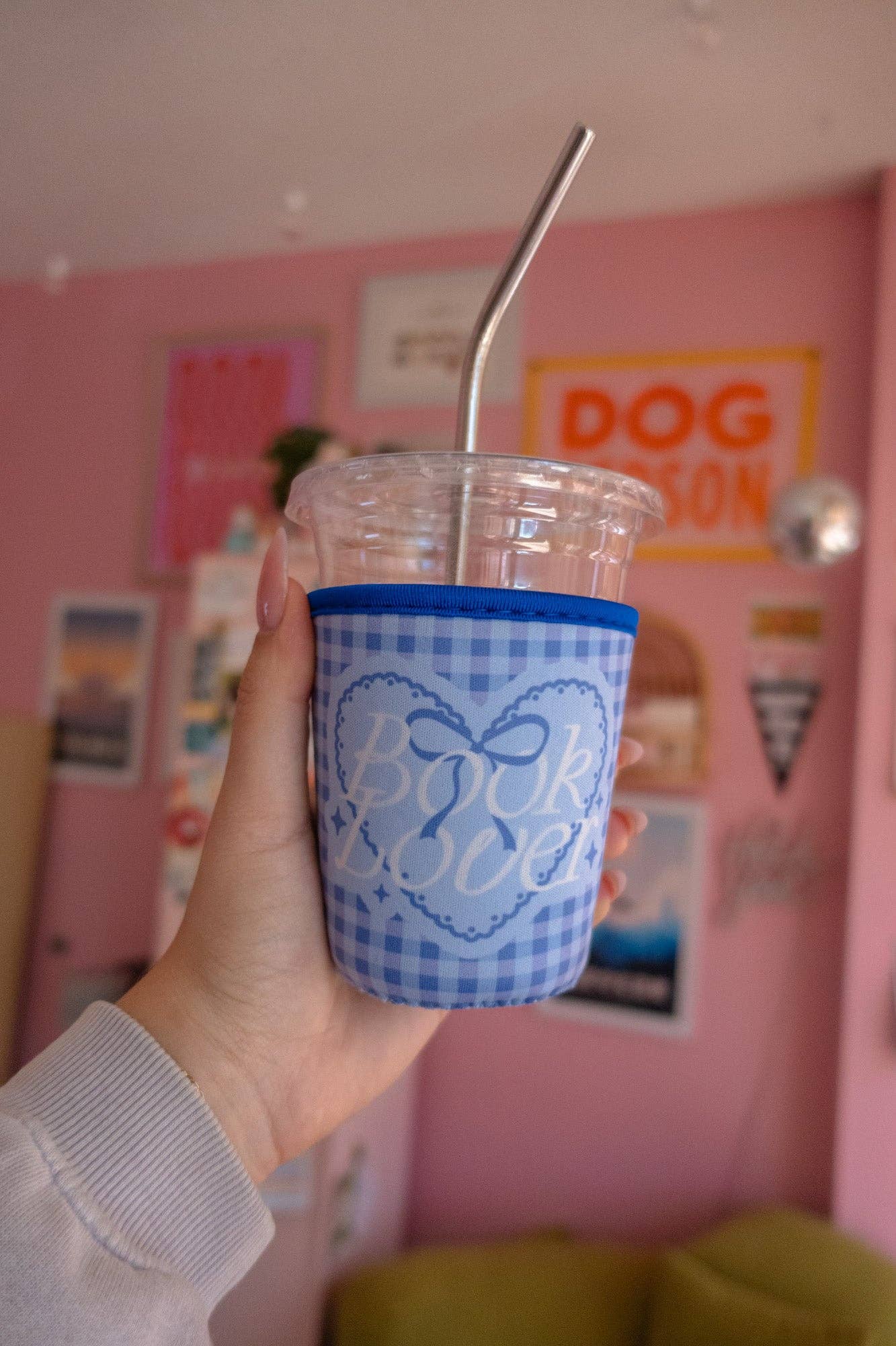 Blue Gingham "Book Lover" Coffee Sleeve: Small (16oz/Grande)
