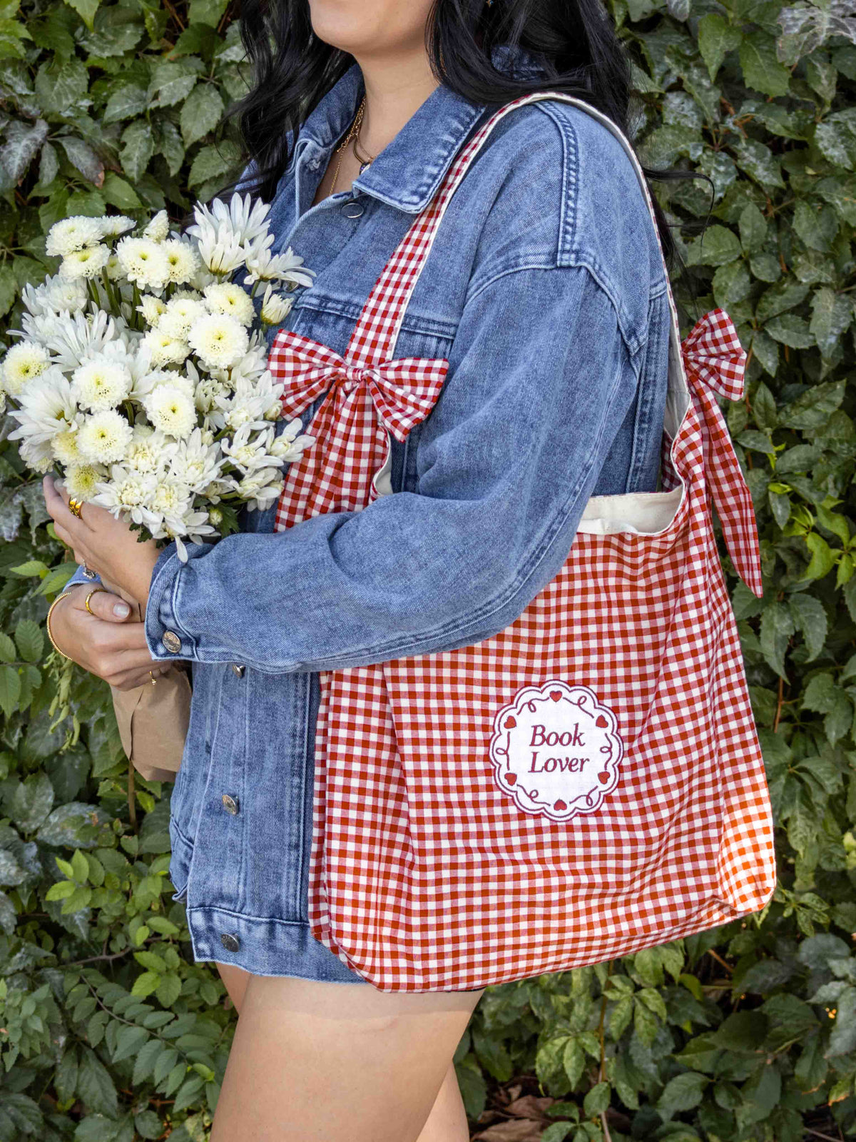 Book Lover Bow Tote: Maroon Gingham