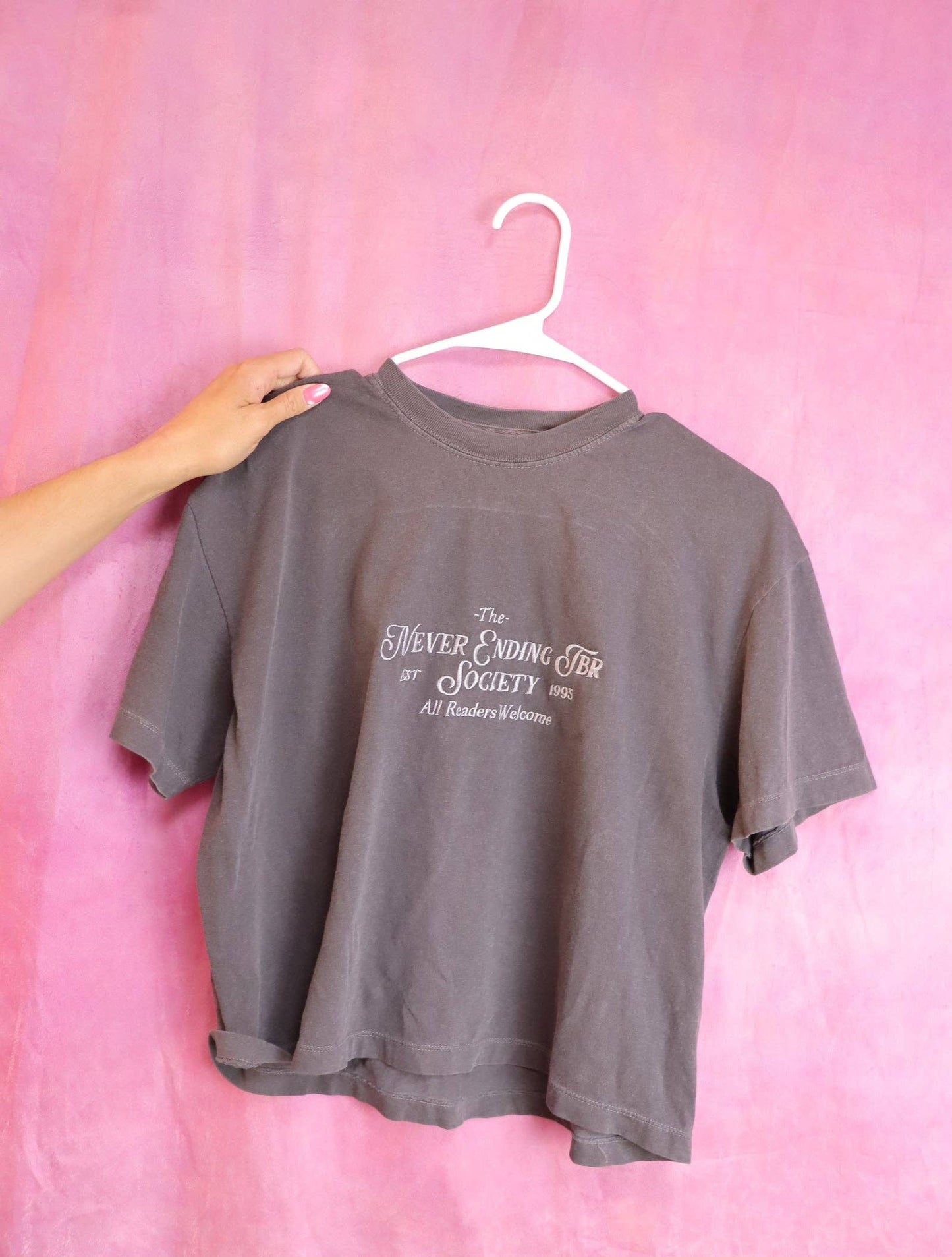 "Never Ending TBR" Embroidered Bookish Shirt, Dark Gray Cropped With White Thread
