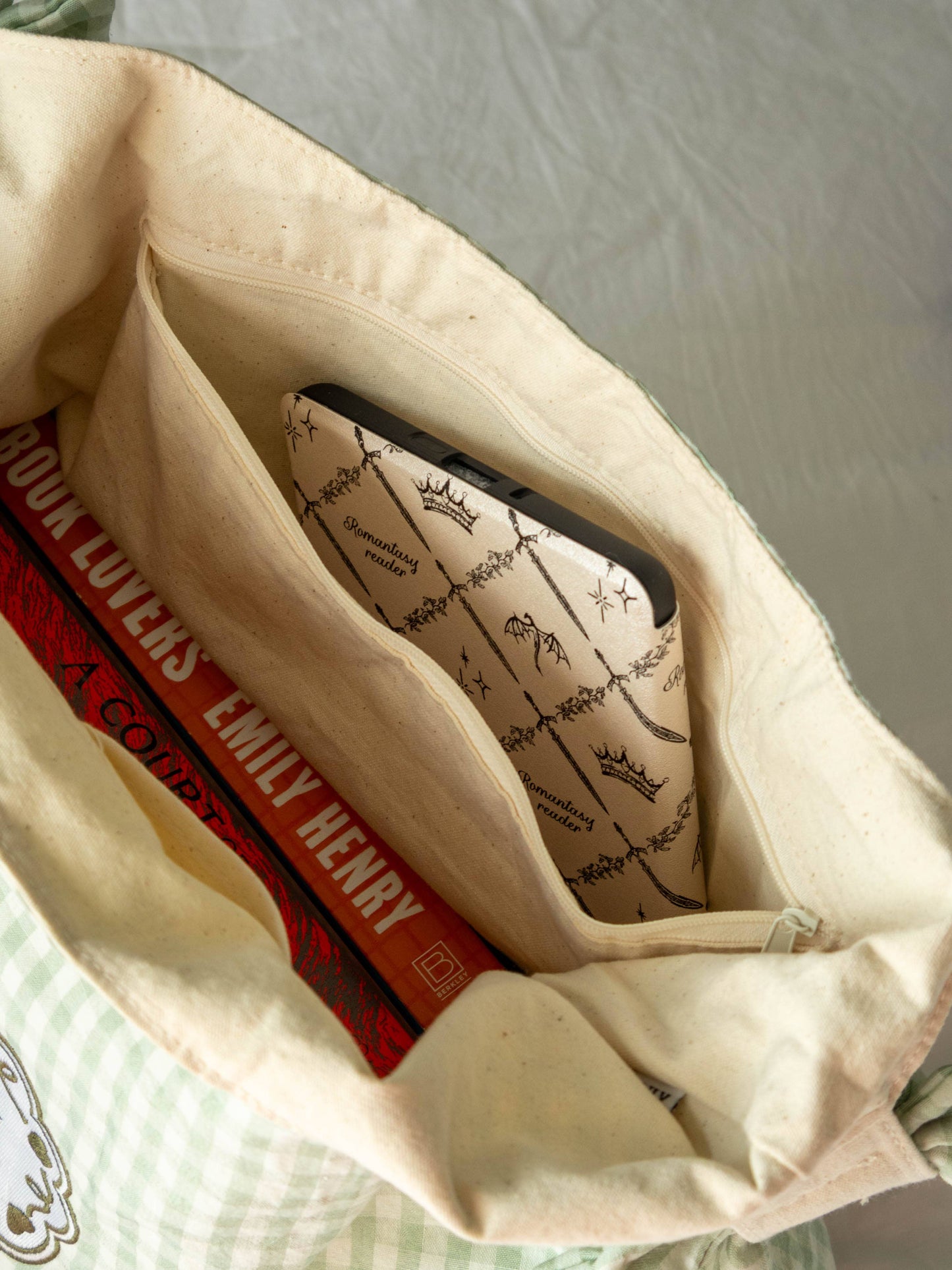 Book Lover Bow Tote in Blue Gingham
