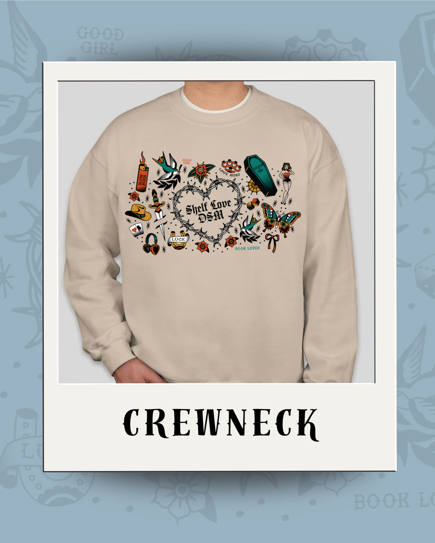 Shelf Love DSM Vintage Tattoo-Style Crewneck