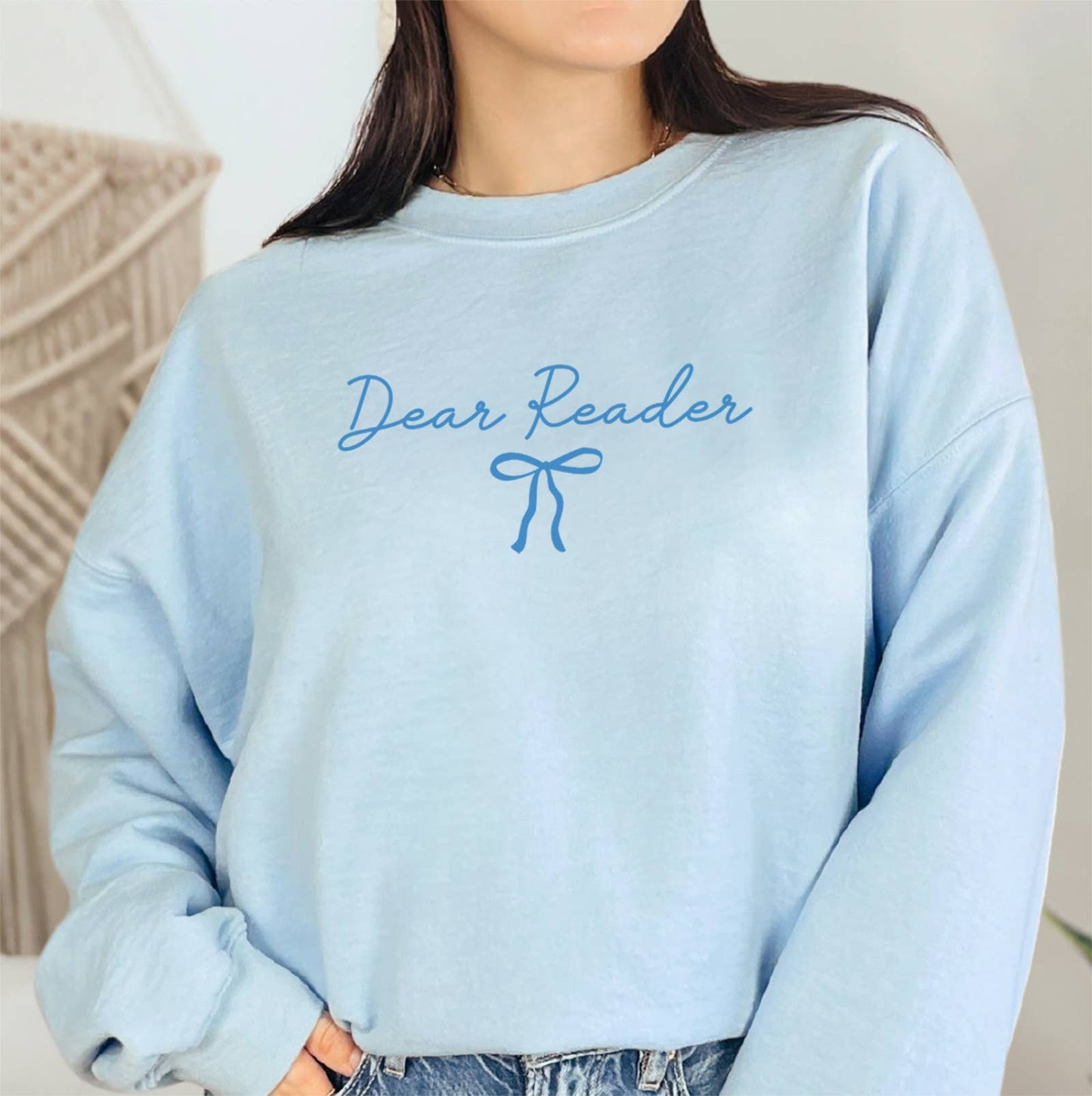 Light Blue Dear Reader Bow Crewneck
