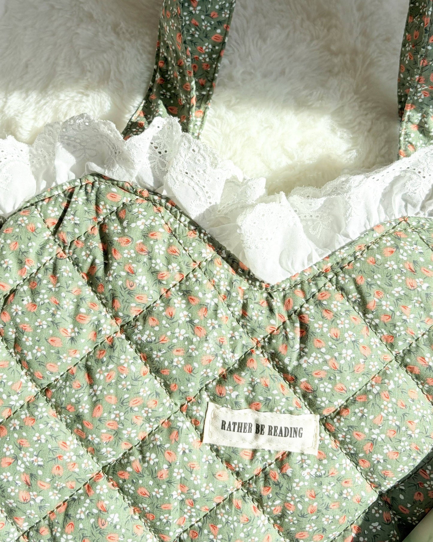 Rather Be Reading Green Quilted Heart Tote Bag with Ruffled Lace Trimming