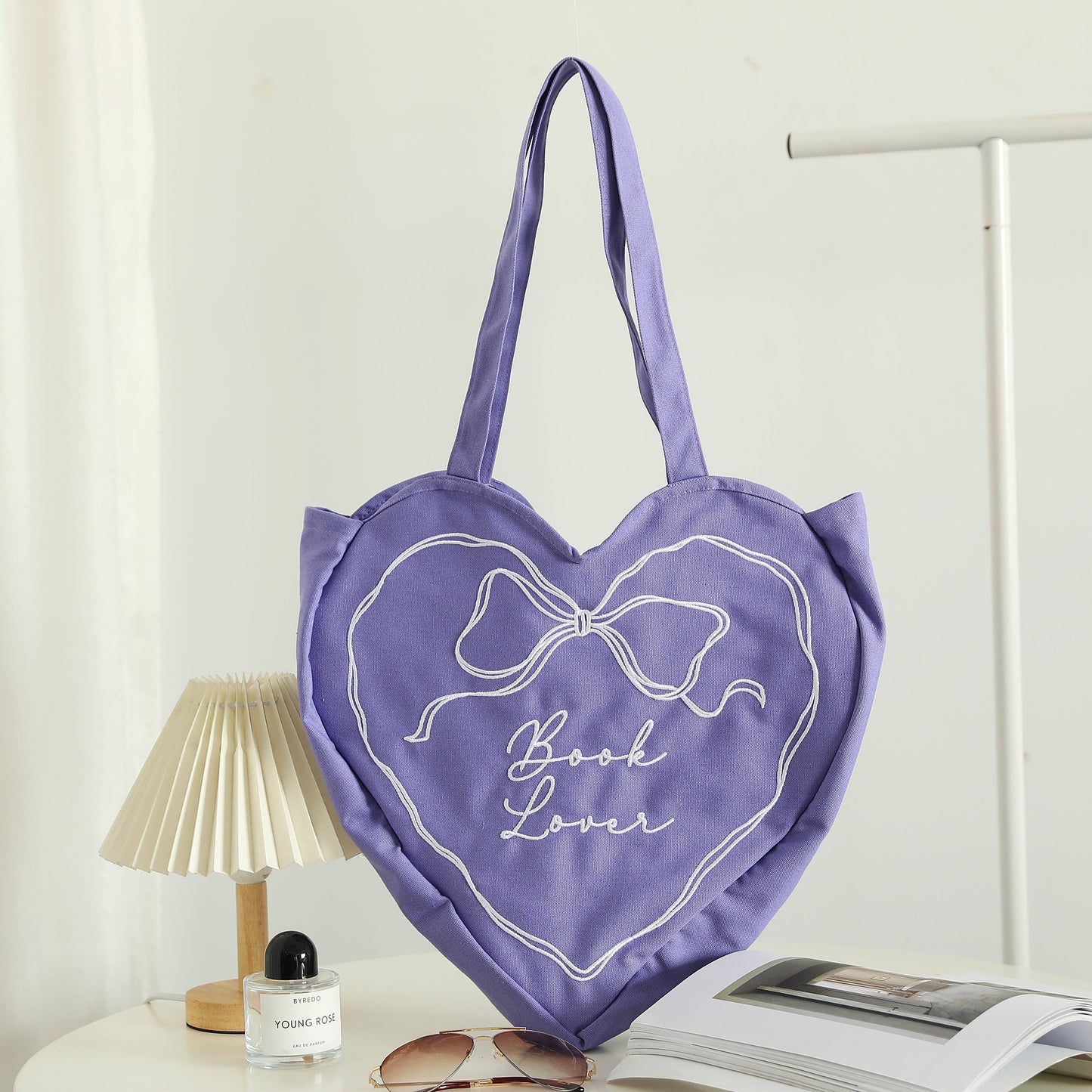 Lavender "Book Lover" Heart Embroidered Tote Bag