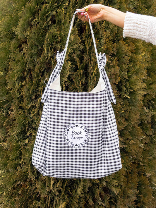 Book Lover Bow Tote in Black Gingham