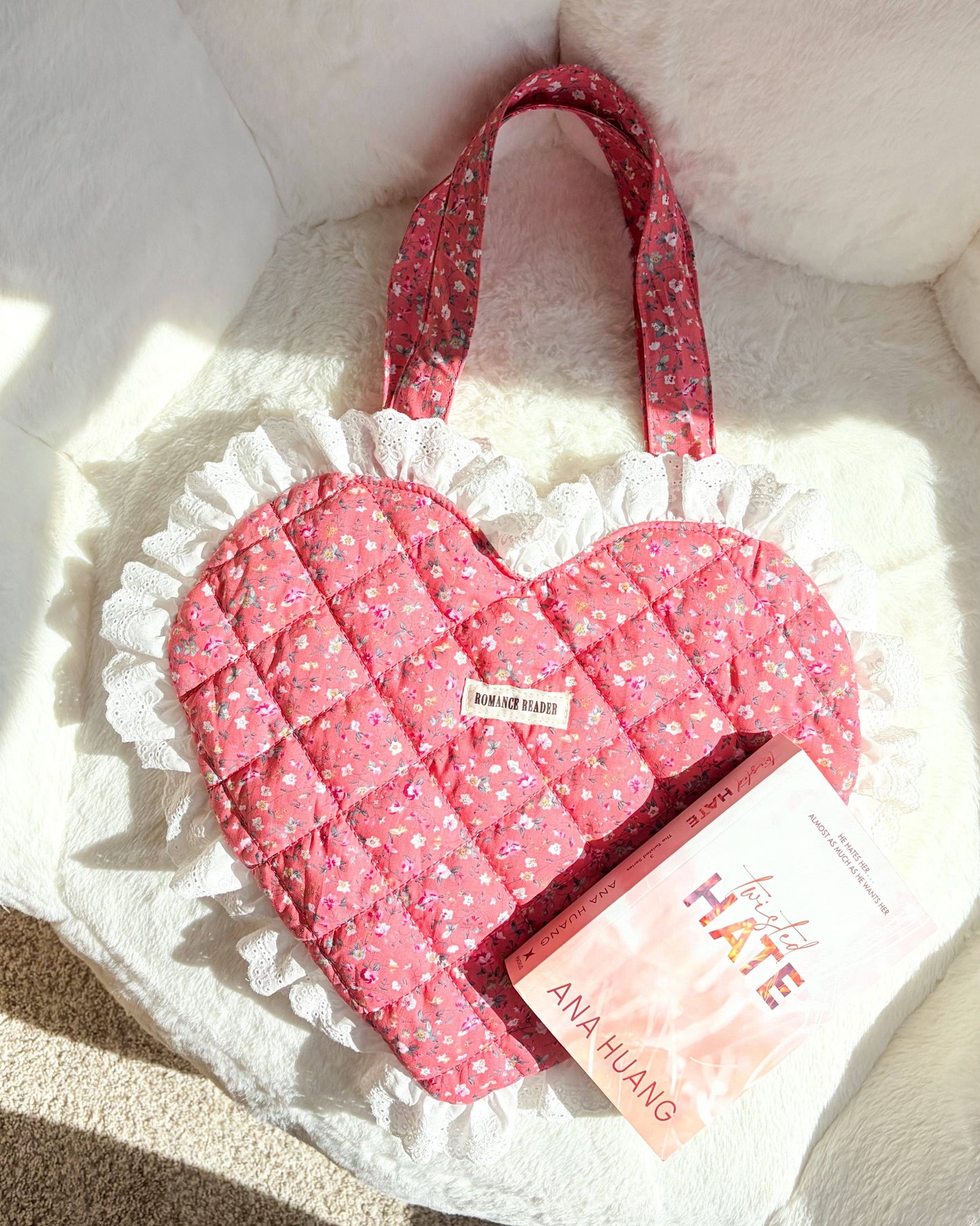 Romance Reader Red Quilted Heart Tote Bag with Ruffled Lace Trimming