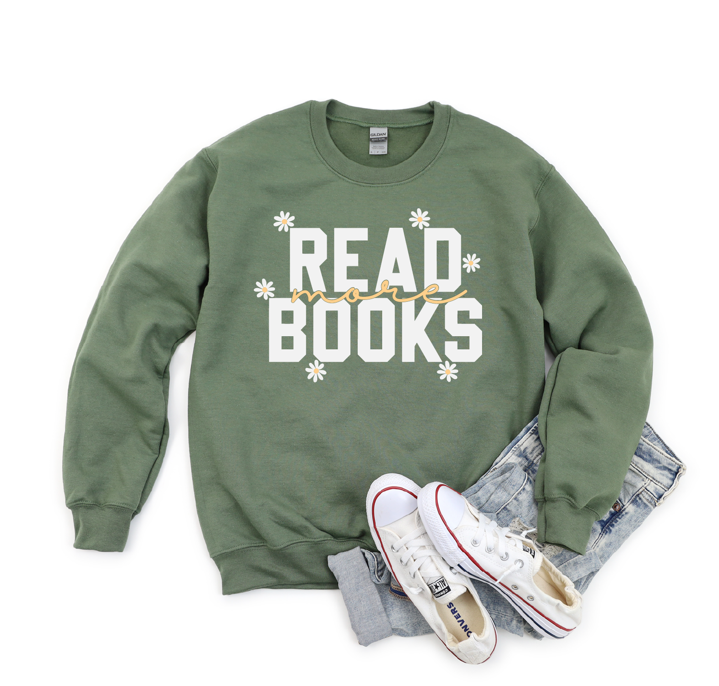 Green "Read More Books" Gildan Crewneck Sweatshirt