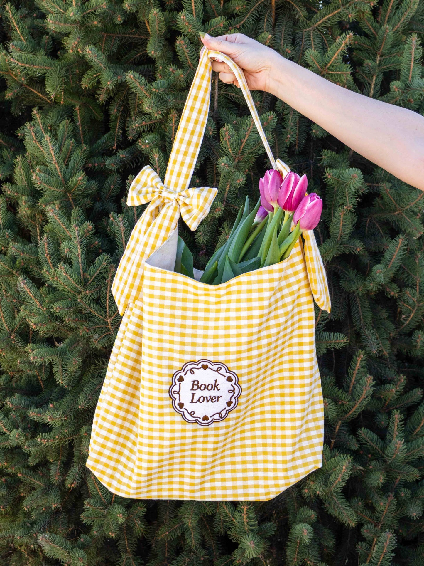 Book Lover Bow Tote: Sage Gingham