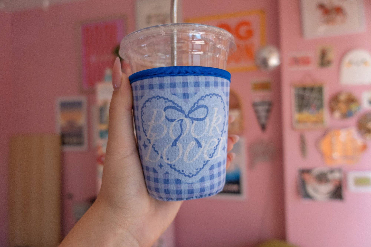 Blue Gingham "Book Lover" Coffee Sleeve: Small (16oz/Grande)