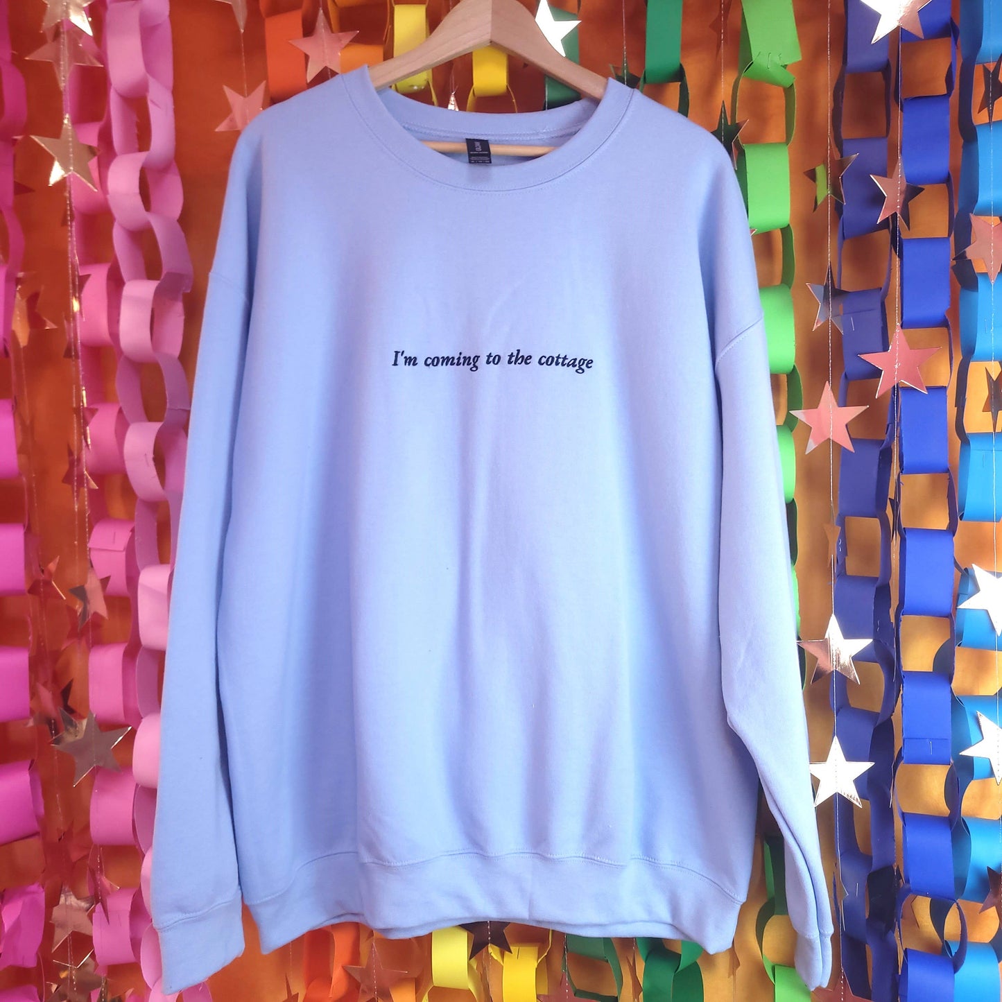 "I'm coming to the cottage" Heated Rivalry Crewneck: Light Blue with Black Embroidery
