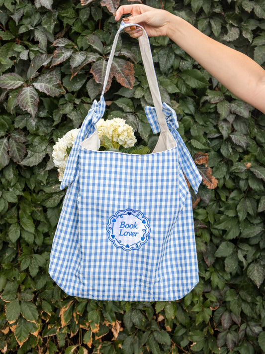 Book Lover Bow Tote in Blue Gingham