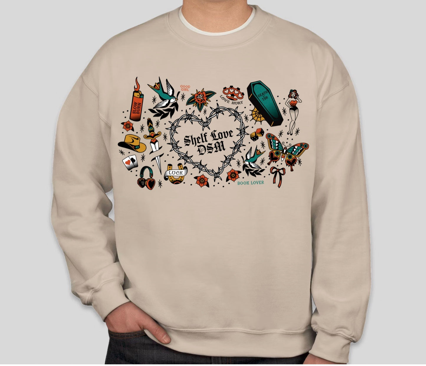 Shelf Love DSM Vintage Tattoo-Style Crewneck