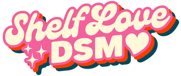 Colorful text 'Shelf Love DSM' with decorative elements on a white background