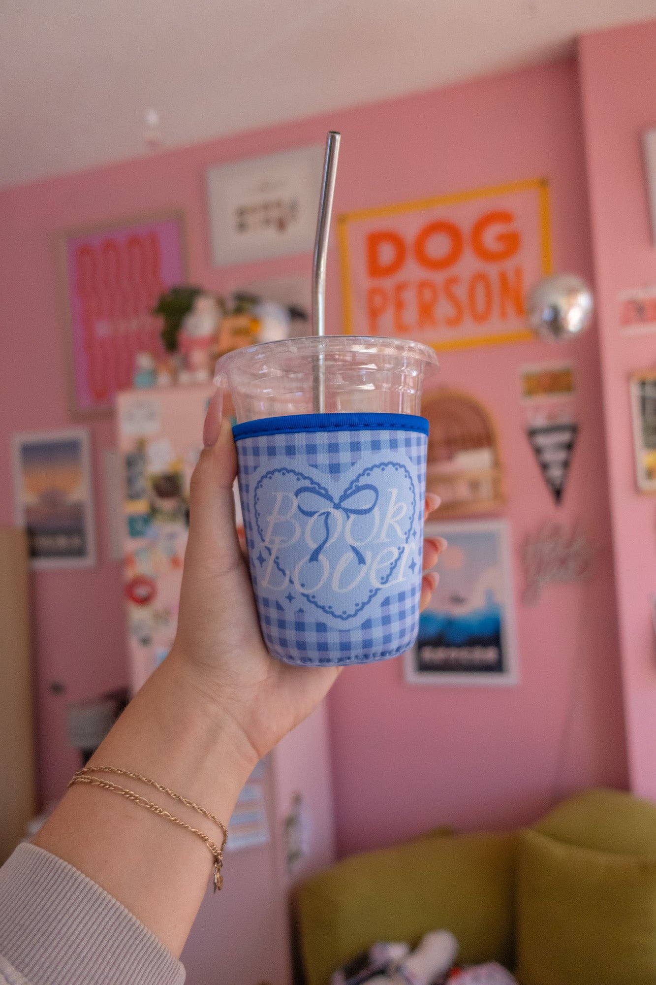Blue Gingham "Book Lover" Coffee Sleeve: Small (16oz/Grande)