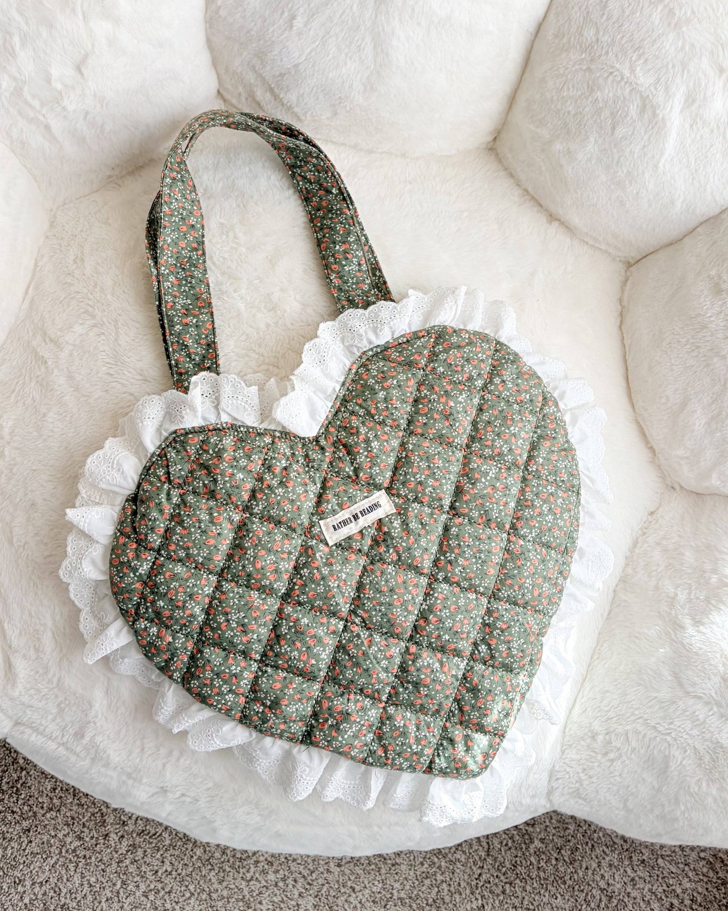 Rather Be Reading Green Quilted Heart Tote Bag with Ruffled Lace Trimming