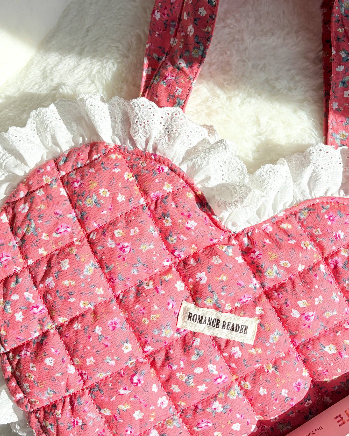 Romance Reader Red Quilted Heart Tote Bag with Ruffled Lace Trimming