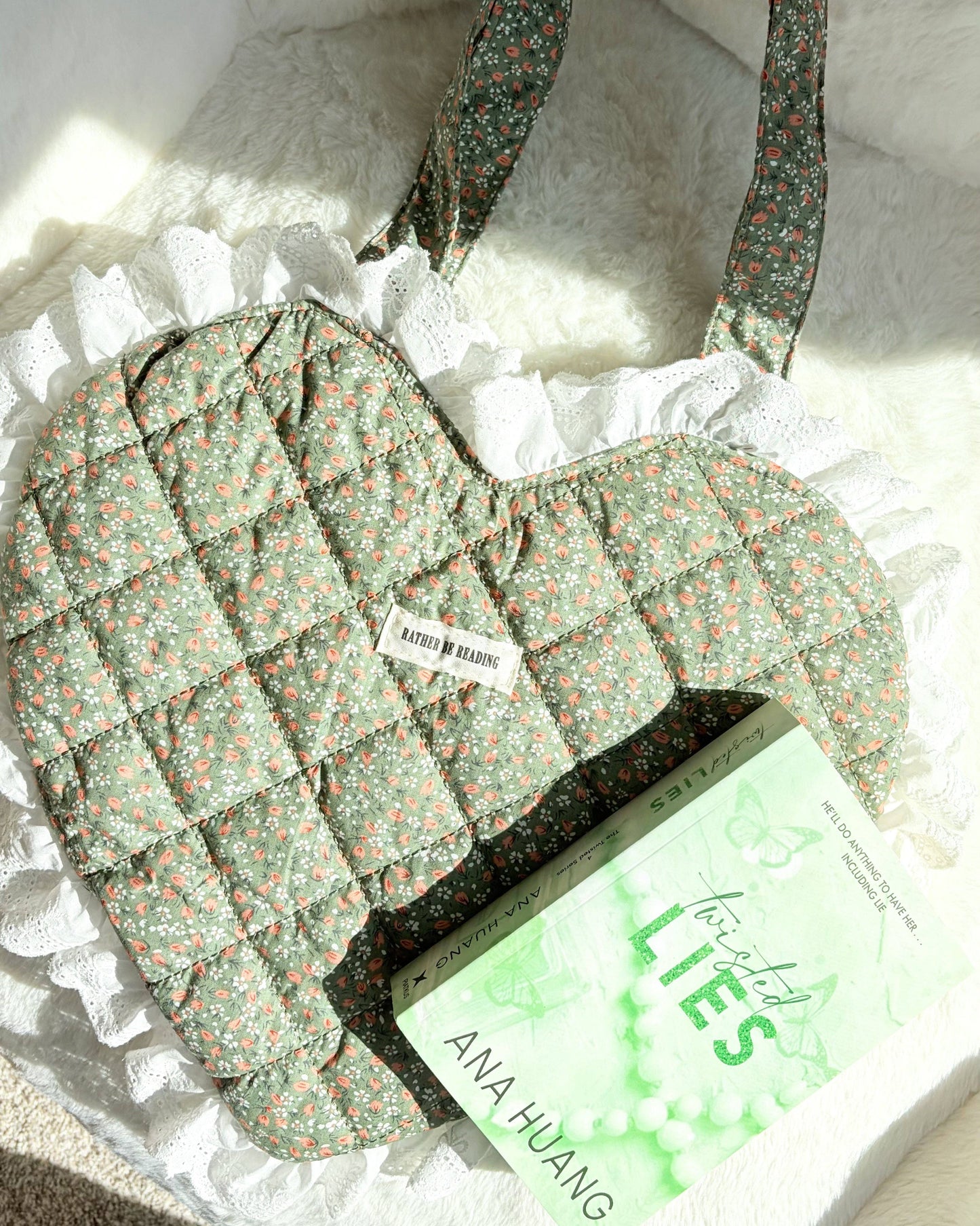 Rather Be Reading Green Quilted Heart Tote Bag with Ruffled Lace Trimming