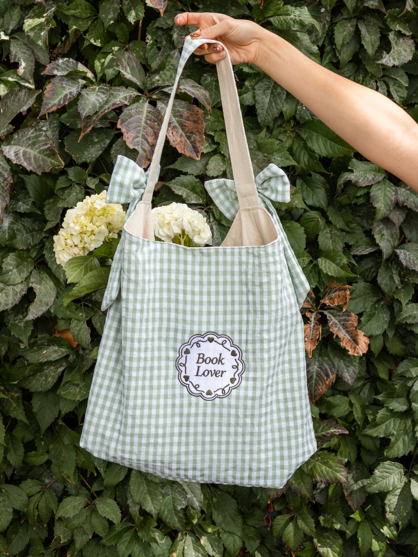 Book Lover Bow Tote: Sage Gingham