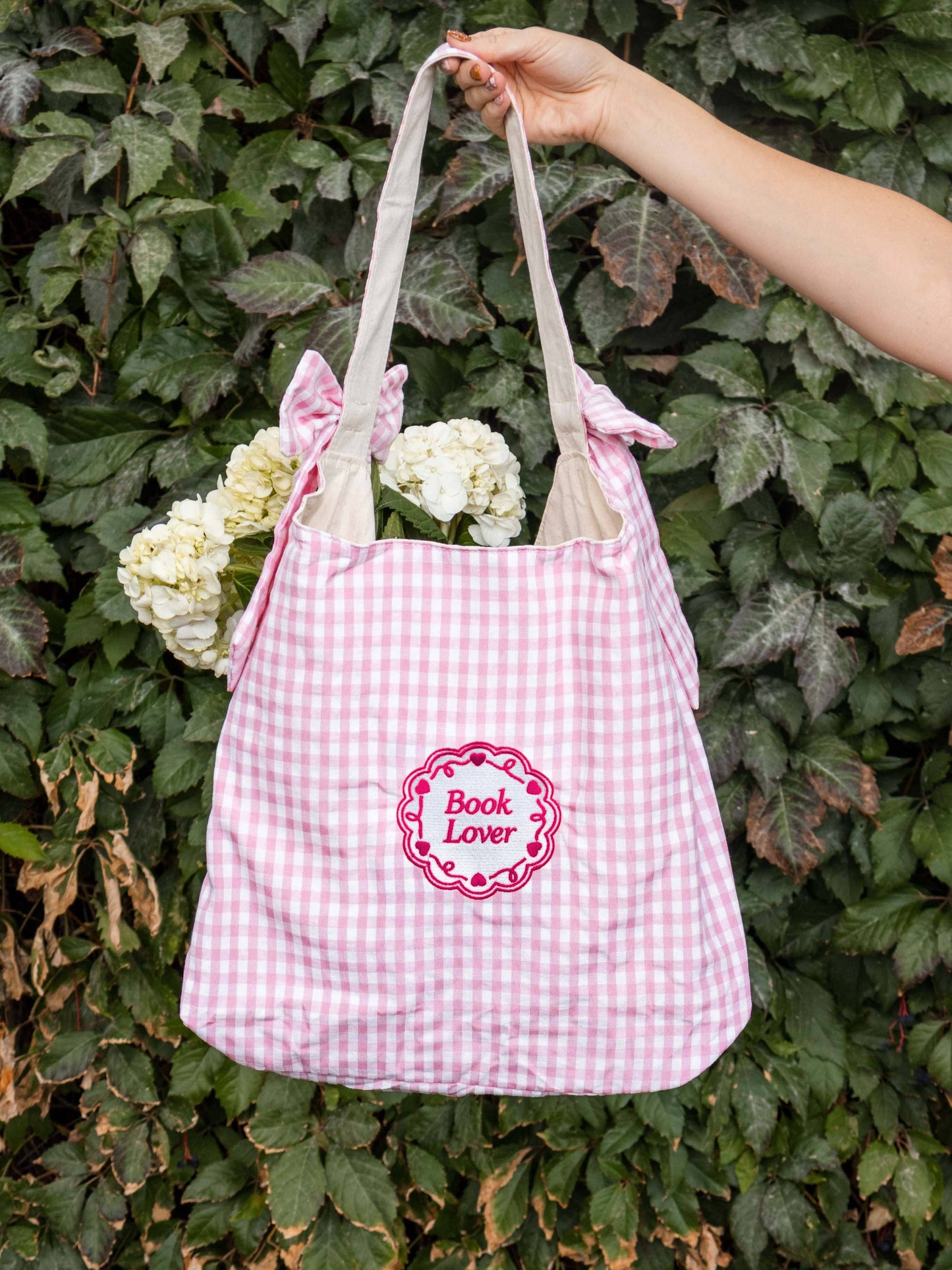Book Lover Bow Tote in Pink Gingham