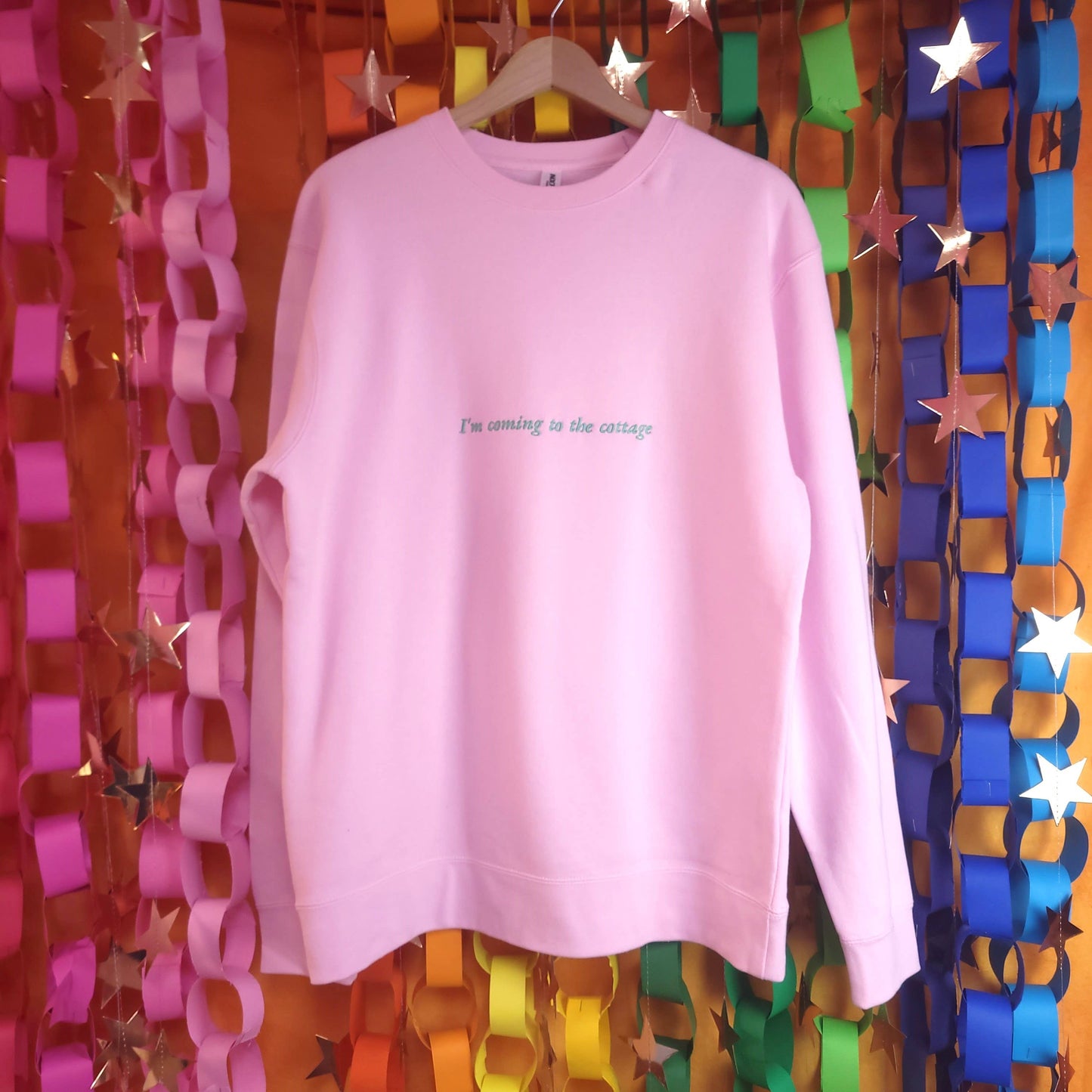 "I'm coming to the cottage" Heated Rivalry Crewneck: Pink with Green Embroidery